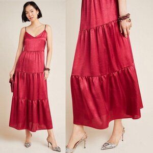 Anthropologie Ro & De Elodie Satin Tiered Maxi Dress XS Red Shimmer Party Dress